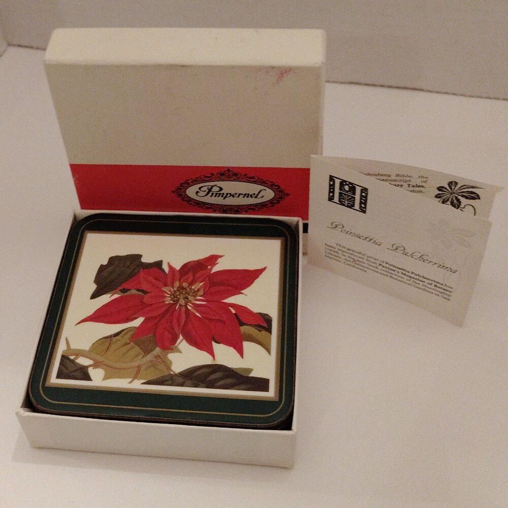 Vtg Pimpernel Poinsettia Cork Christmas Coasters Set 6 Made in England Floral